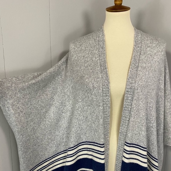 GAP Gray Wool Camel Blend Open Striped Sweater Poncho Heater Gray, White Navy - Picture 9 of 15